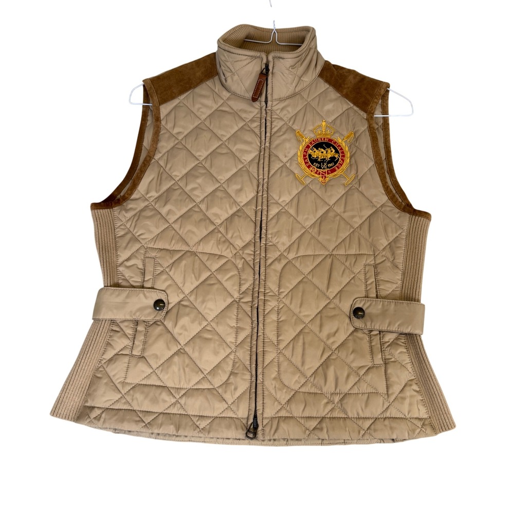 Ralph Lauren Sport Tan Quilted Vest Equestrian Challenge Crest Leather Trim L